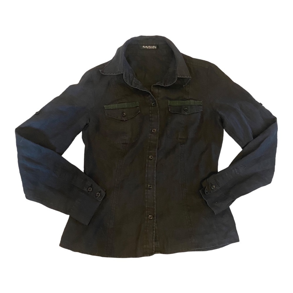Betty Barclay 100% Linen Fitted Button Front Collar Shirt Sz 6 Black